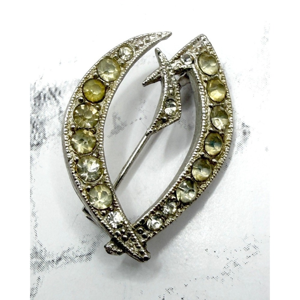 Vintage Silver Tone Leaf Brooch Yellow Rhinestones Mid Century Pin